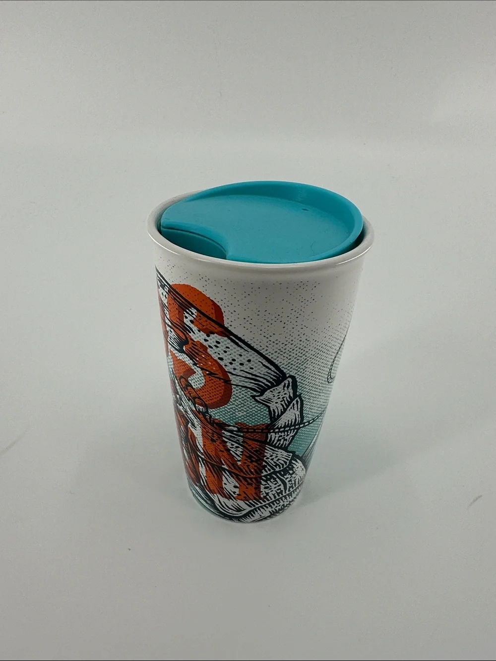 Starbucks Boston Travel Tumbler with Turquoise Lid and Orange Graphic